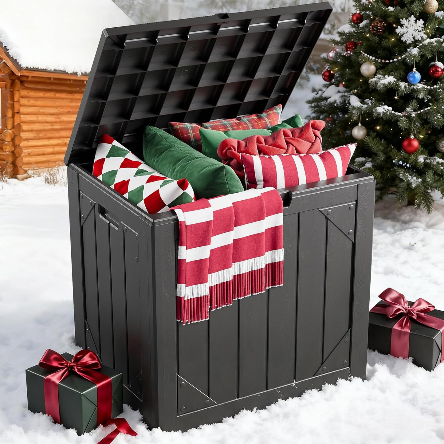 31 Gallon Outdoor Storage Box, Lockable Resin Deck Box for Patio Cushions, Throw Pillows, Garden Tools, Weatherproof Outdoor Storage Bench for Yard, Porch, or Balcony