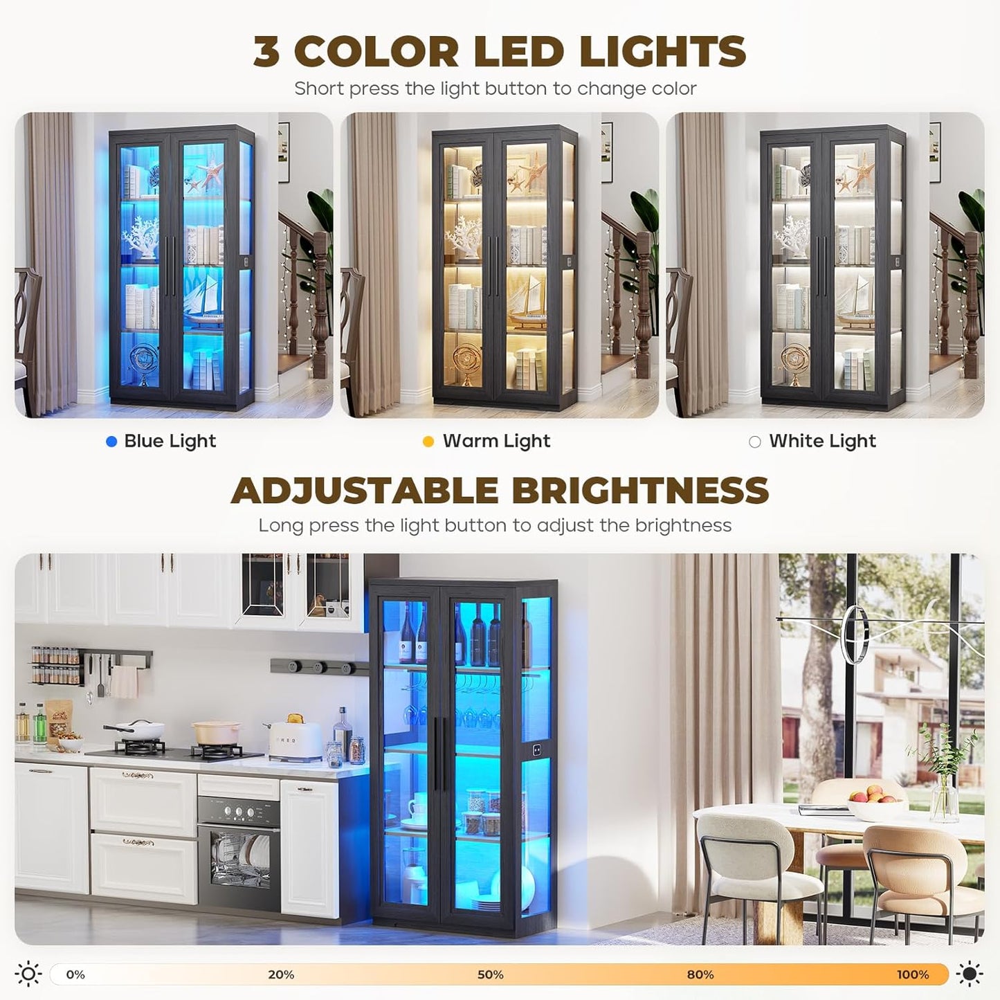 Curio Cabinet with Glass Doors, Bookcase with 4 Shelves, Display Cabinets for Collectibles, China Cabinet with 3 Color LED Lights and Human Body Sensing, Buffer Hinge, Black