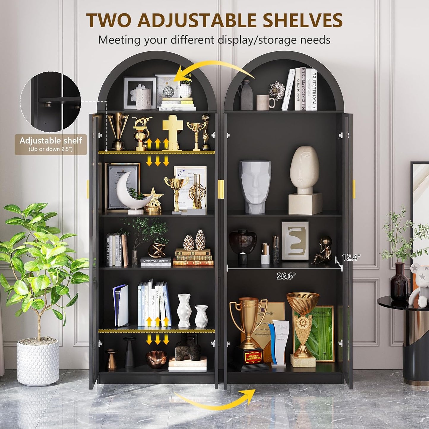 Arch Display Cabinet with Doors and Adjustable Shelves, 76" Tall Curio Cabinet with LED Lights/Storage Space, 6 Tier Display Case Bookcase for Collectibles Bedroom Living Room Office, Black