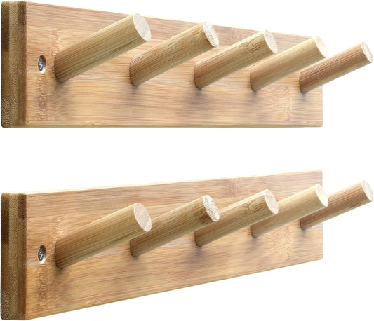 SKOLOO Wooden Wall Mounted Coat Rack,16'' Hole to Hole, 5 Pegs Bamboo Wall Hook for Hanging Clothes Robes Towels Hats,Natural Gold