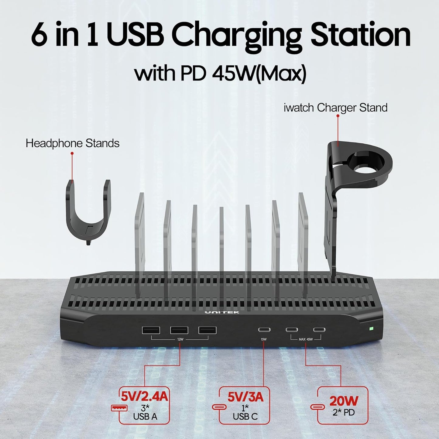Unitek USB-C Charging Station for Multiple Devices - Multi Type C Charger Dock with 2 X PD 20W & USB-C Port, Device Organizer Fast Charge Docking for iPhone, iPad, Samsung, Tablets and More