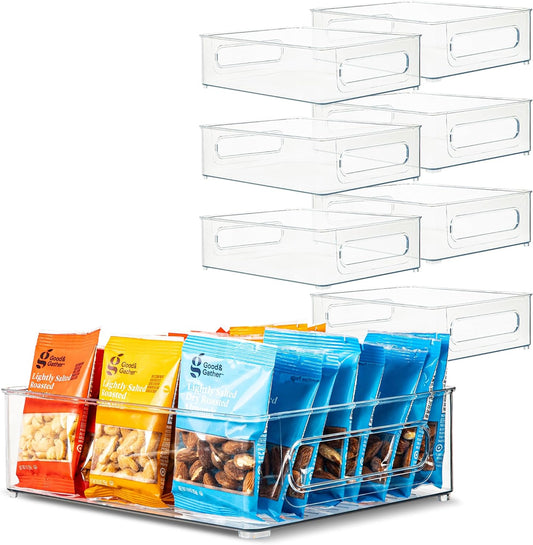 primebox Plastic Food Storage 8 Pack Clear Container Bin with Handles for Organizing Kitchen, Pantry, Refrigerator, Freezer, Pantry, Cabinet, Closet, Bathroom. Stackable 10”x8”x3”