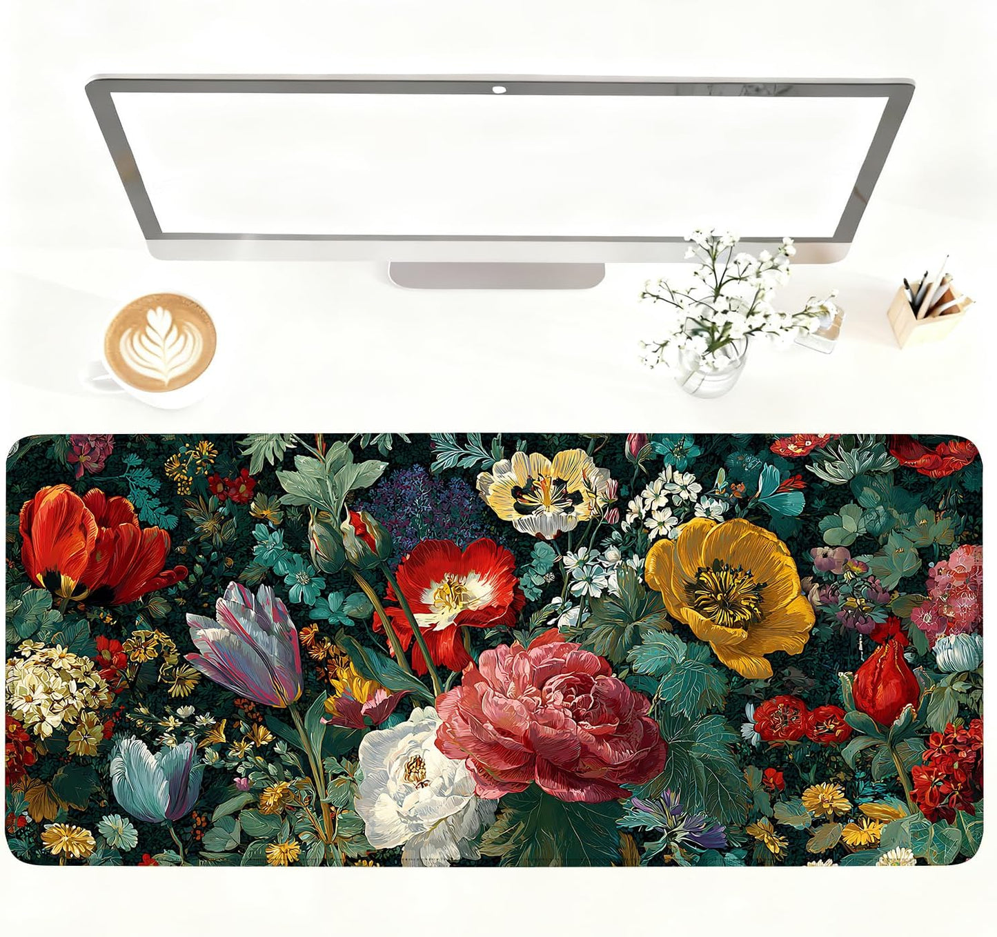 Vintage Oil Painting Floral Mouse Pad – Large Extended Desk Mat 35.43 x 15.75 in – Baroque Style Botanical Design,Oversized Mouse & Keyboard Pad for Art Lovers