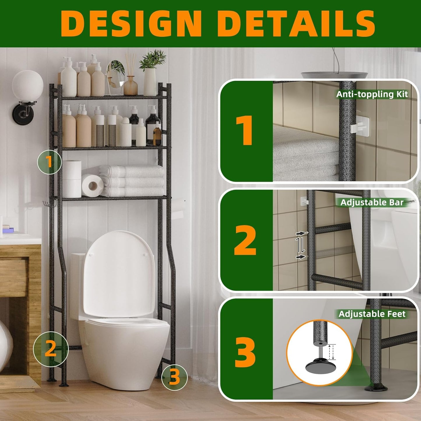3-Tier Over The Toilet Storage, Space Saver Metal Bathroom Shelves, Freestanding Above Over Toilet Storage Shelf with 4 Hooks for Bathroom, Snow Black