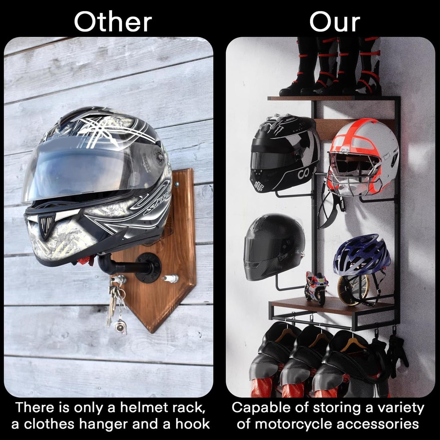 Motorcycle Helmet Holder Wall Mount, Rustic Helmet Rack With 4 Hat Stands and 2 Wooden Shelves, Motor Gear Accessories Storage for Men, 4 Clips, 5 Hooks for Glove Key Jacket Hanging