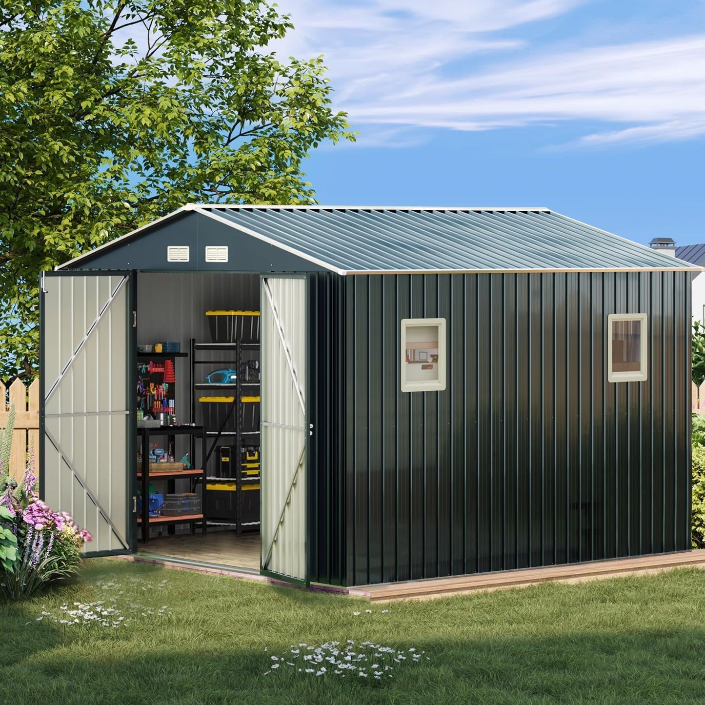 Breezz Outdoor Storage Shed 10 x 10 ft. Utility Tool Shed Metal Storage Garden Shed with Lockable Doors, Windows for Patio Storage,Nightblue