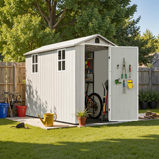 Patiowell 4 x 8 FT Plastic Outdoor Storage Shed with Floor, Garden Tool Shed with Two Windows and Single Lockable Door for Garden, Backyard, Lawn, Easy to Install, Light Grey(Fit-it Shed)