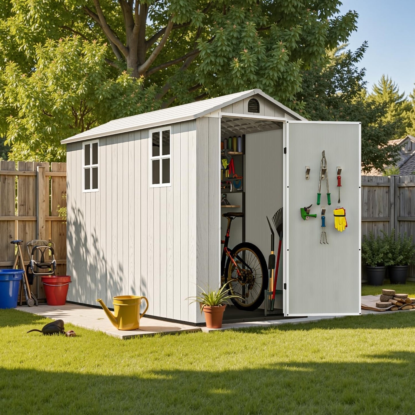 Patiowell 4x8 FT Outdoor Storage Shed with Floor & 2 Windows, Large Plastic Garden Shed with Lockable Door for Backyard, Patio, and Lawn, White (Fit-it Shed)