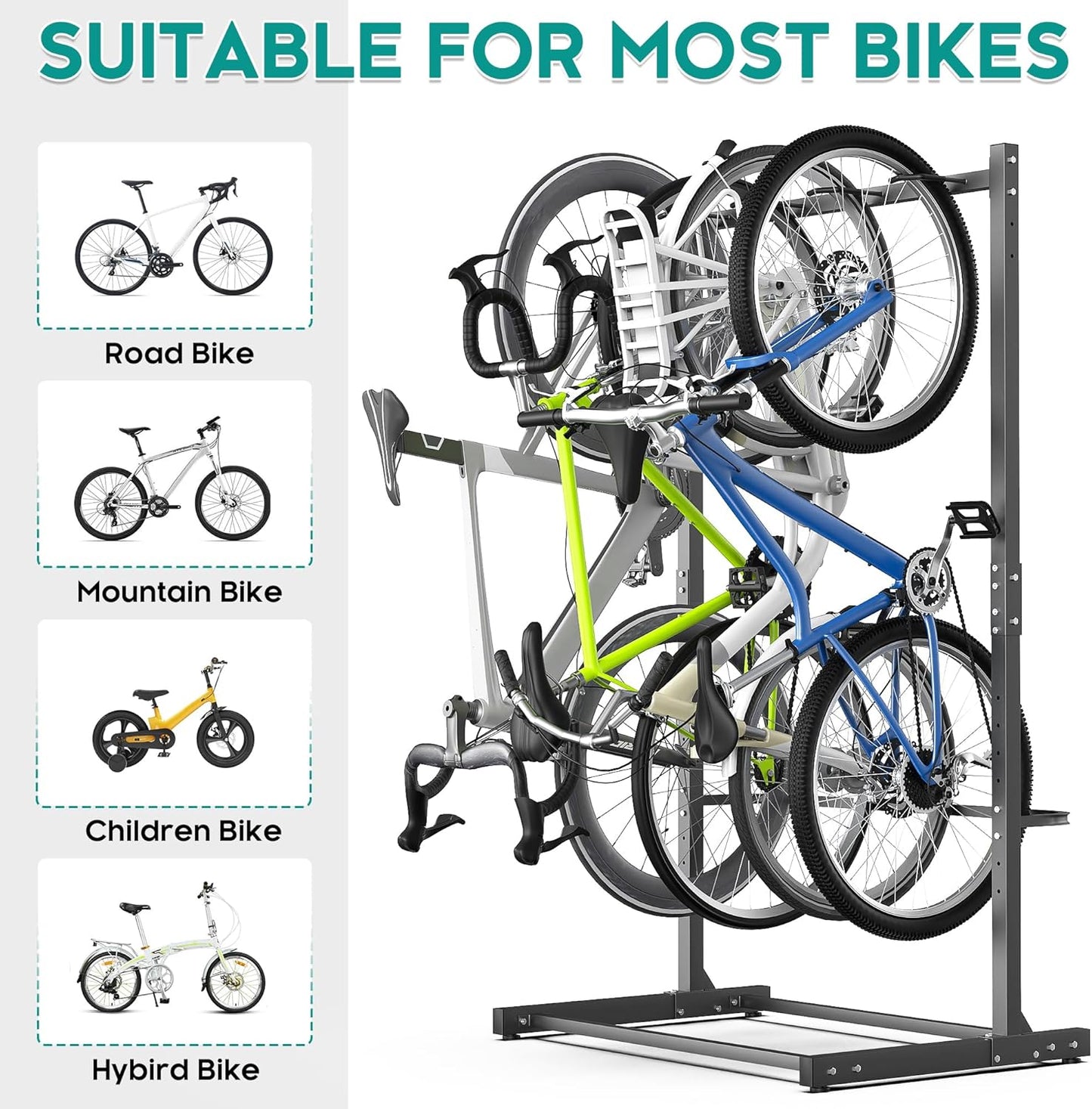 EVERHANGER Freestanding Bike Rack, Vertical Bike Rack Stand for Garage, Bicycle Storage Organizer, Holds Up to 4 Bikes
