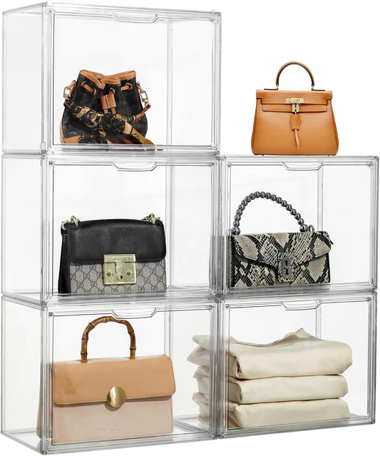 Purse Organizer for Closet, 5 Pack Clear Acrylic Display Case for Purse Handbag Storage, Stackable Purse Storage Boxes with Magnetic Door for Collectibles, Wallet, Cosmetic