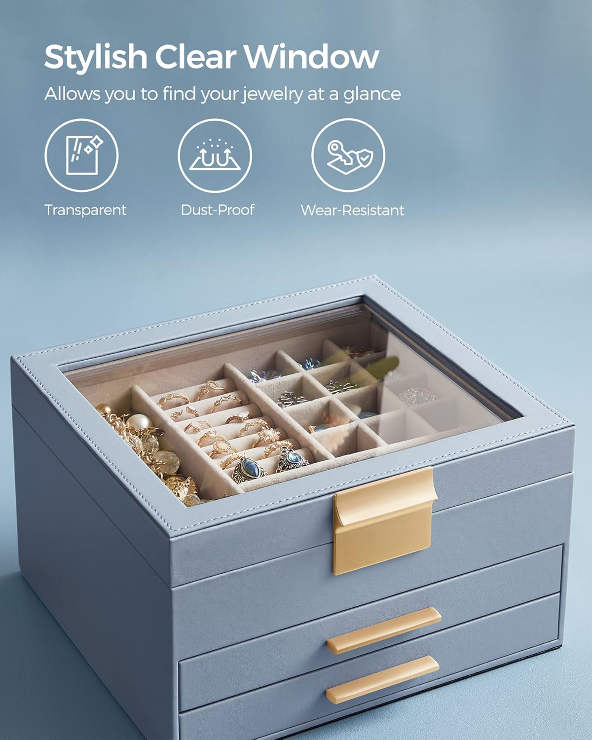 SONGMICS Jewelry Box Organizer with Glass Lid, 3-Layer Jewelry Storage, with 2 Drawers, Modern Style, Christmas Gift, 8 x 9.1 x 5.3 Inches, Smoky Blue and Gold Color UJBC239Q01