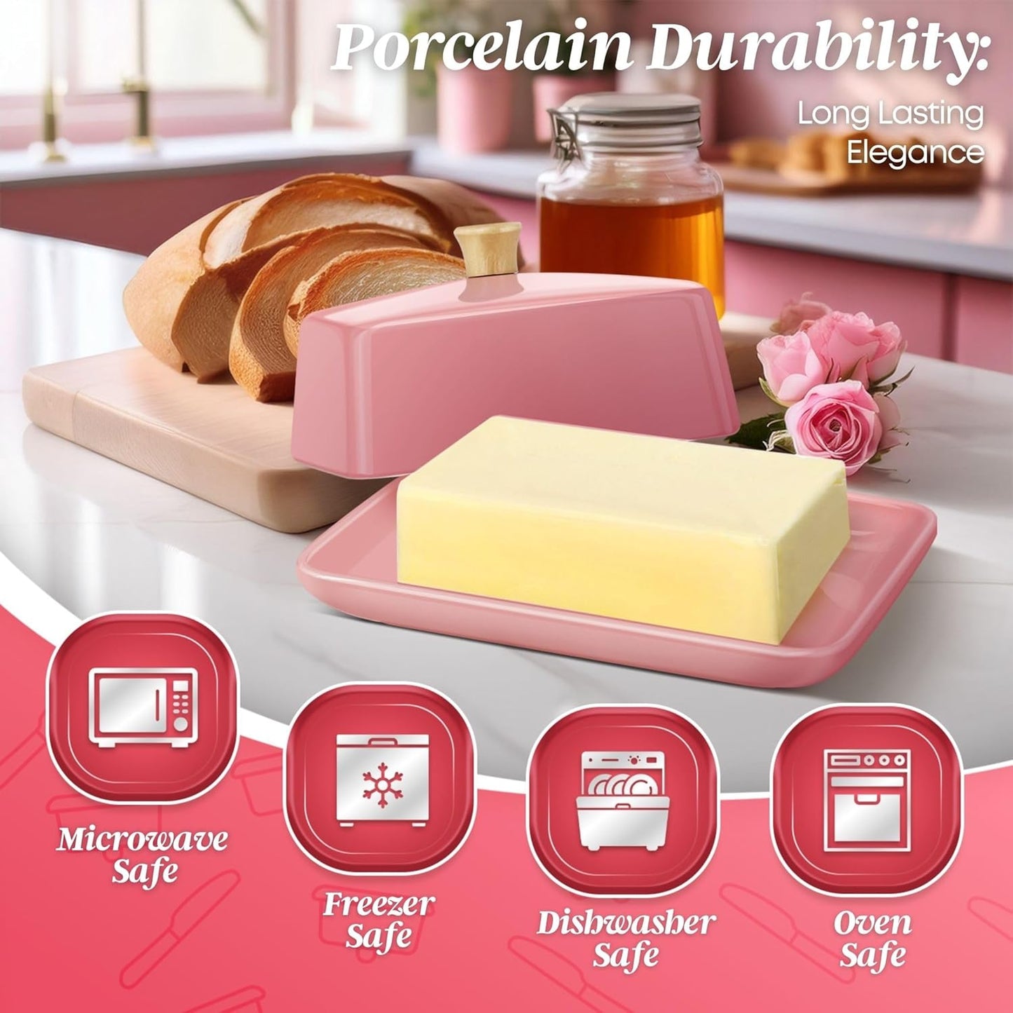 Flexzion Ceramic Pink European Butter Dish with Lid for Countertop (7 Inch) - Wide 2 Stick Double Butter Holder for Counter, Cream Cheese Container Storage Keeper