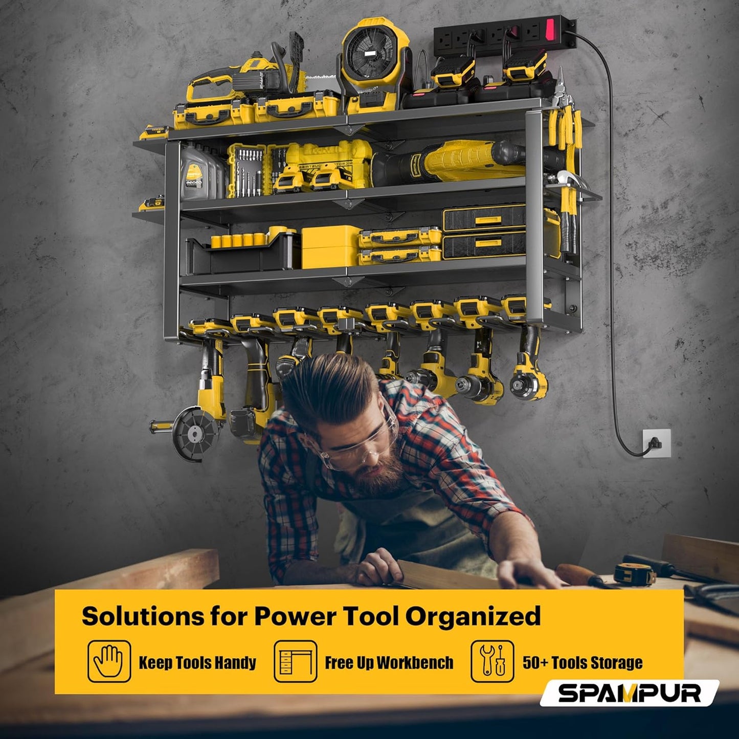 Heavy Duty 4-Tier Power Tool Organizer Wall Mount Rack, Quick Assembly Tool Wall Organizer with 8 Drill Holders & Charging Station, for Garage Workshop Shed Organization - 4 Shelves 8 Slots