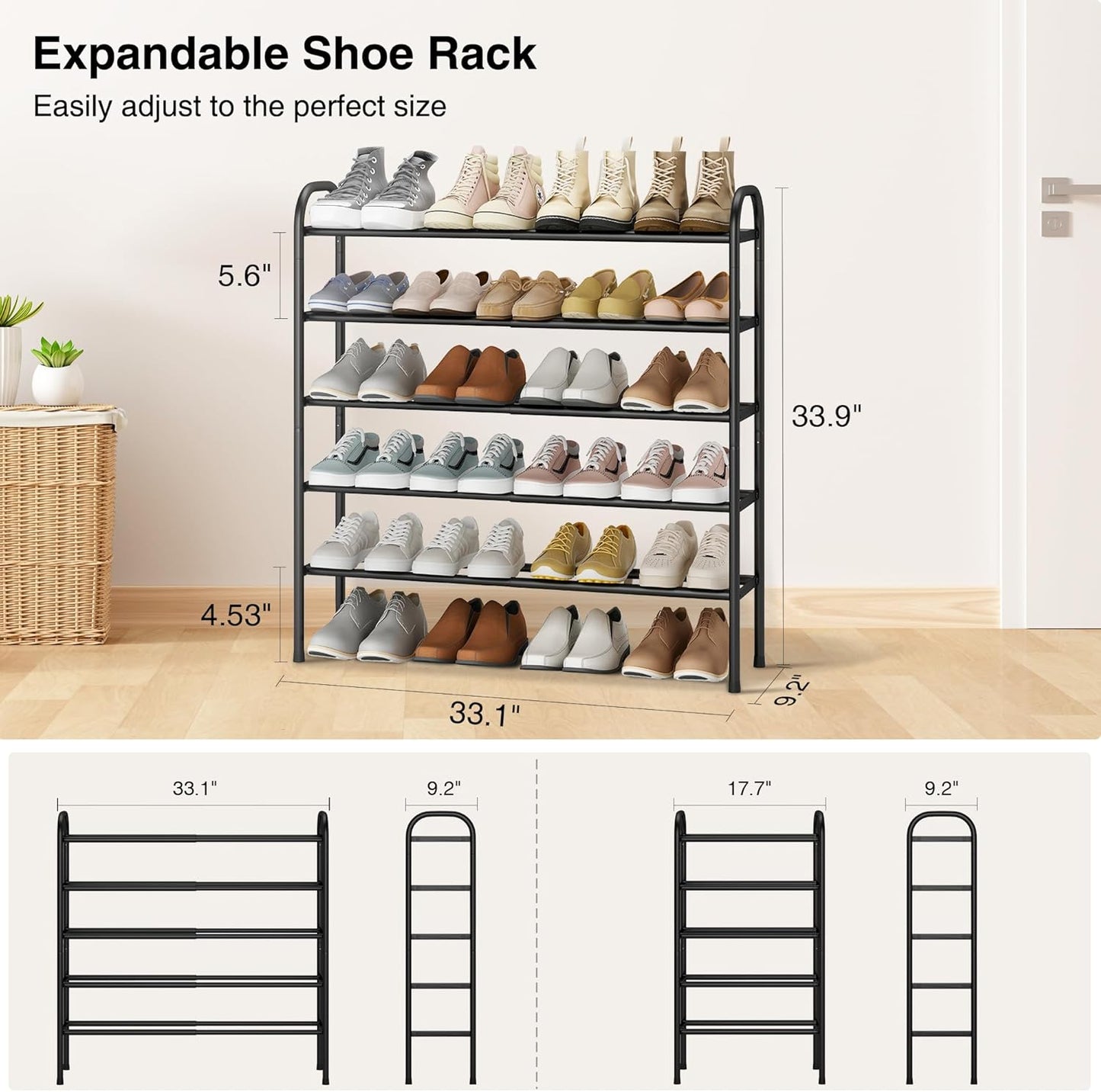 STO STO Expandable Shoe Rack, 5-Tier Metal Shoe Rack for Closet, Up to 24 Pairs Adjustable Shoe Rack Storage for Front Door Entrance, Free Standing Shoe Rack Organizer for Entryway, Black