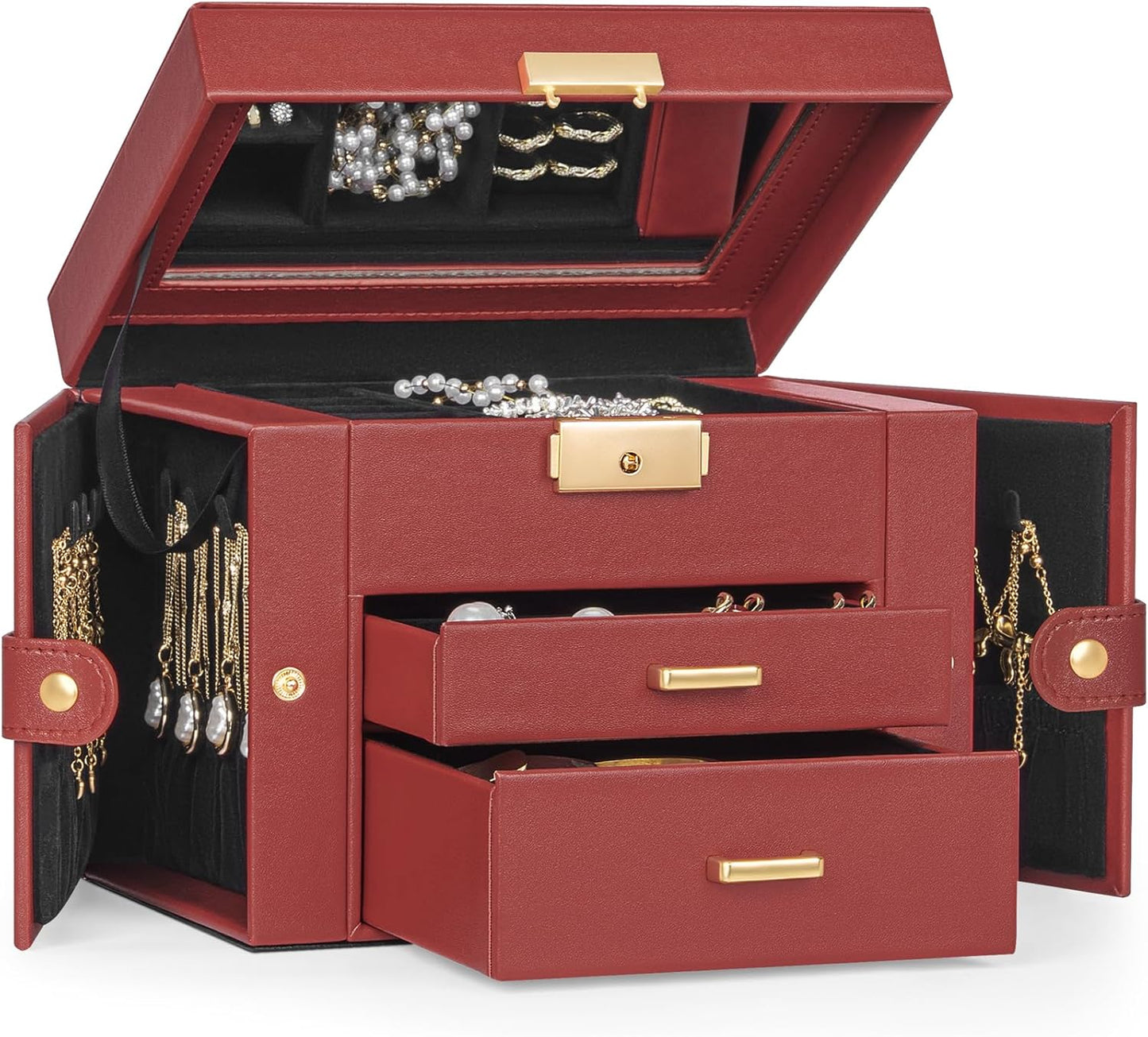 TORIBIO Jewelry Box for Women, Leather Jewelry Organizer with Mirror & Lock, 3-Tier Jewelry Storage Organizer with 2 Drawers for Girls/Women/Mothers, Necklace Earring Bracelets Holder Organizer
