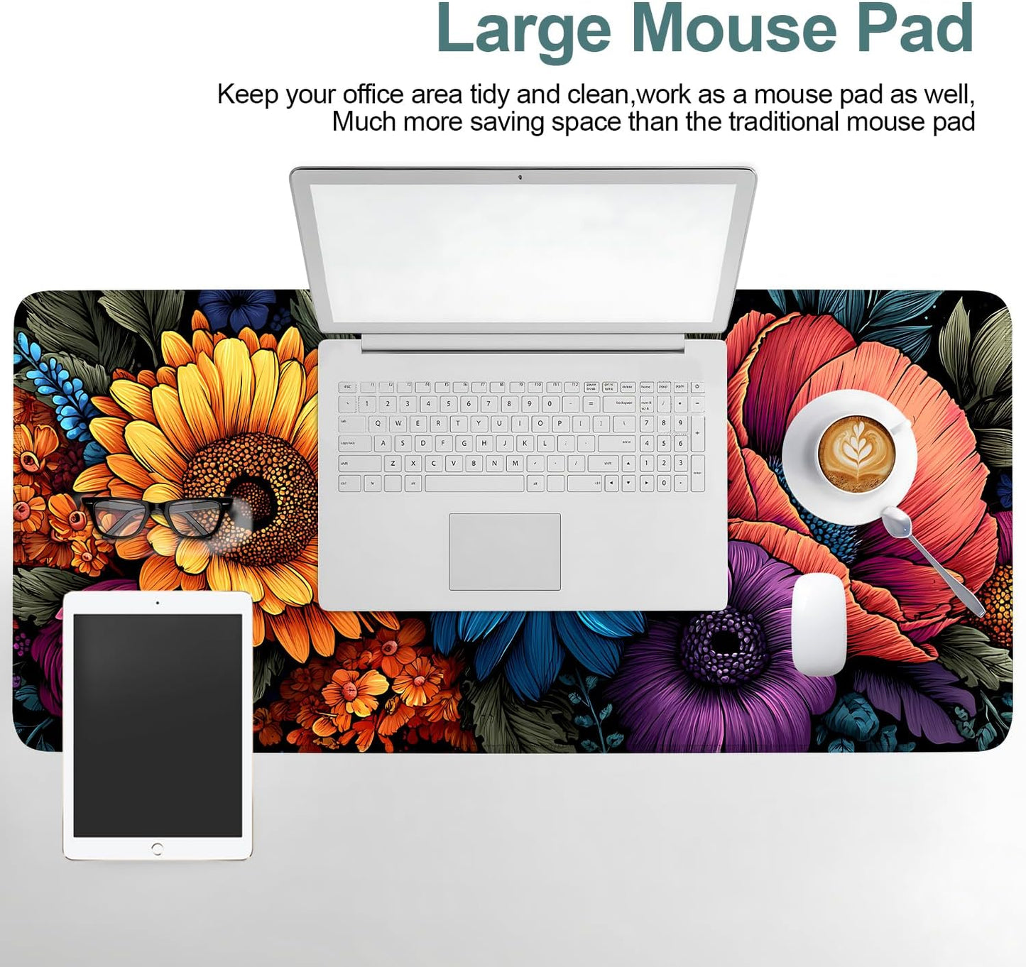 Flower Gaming Mouse Pad 35.4"x15.7"Desk Mat Anti-Slip Rubber Base & Durable Stitched Edges for Gamers Smooth Mouse Writing Surface for Desk Office/Home