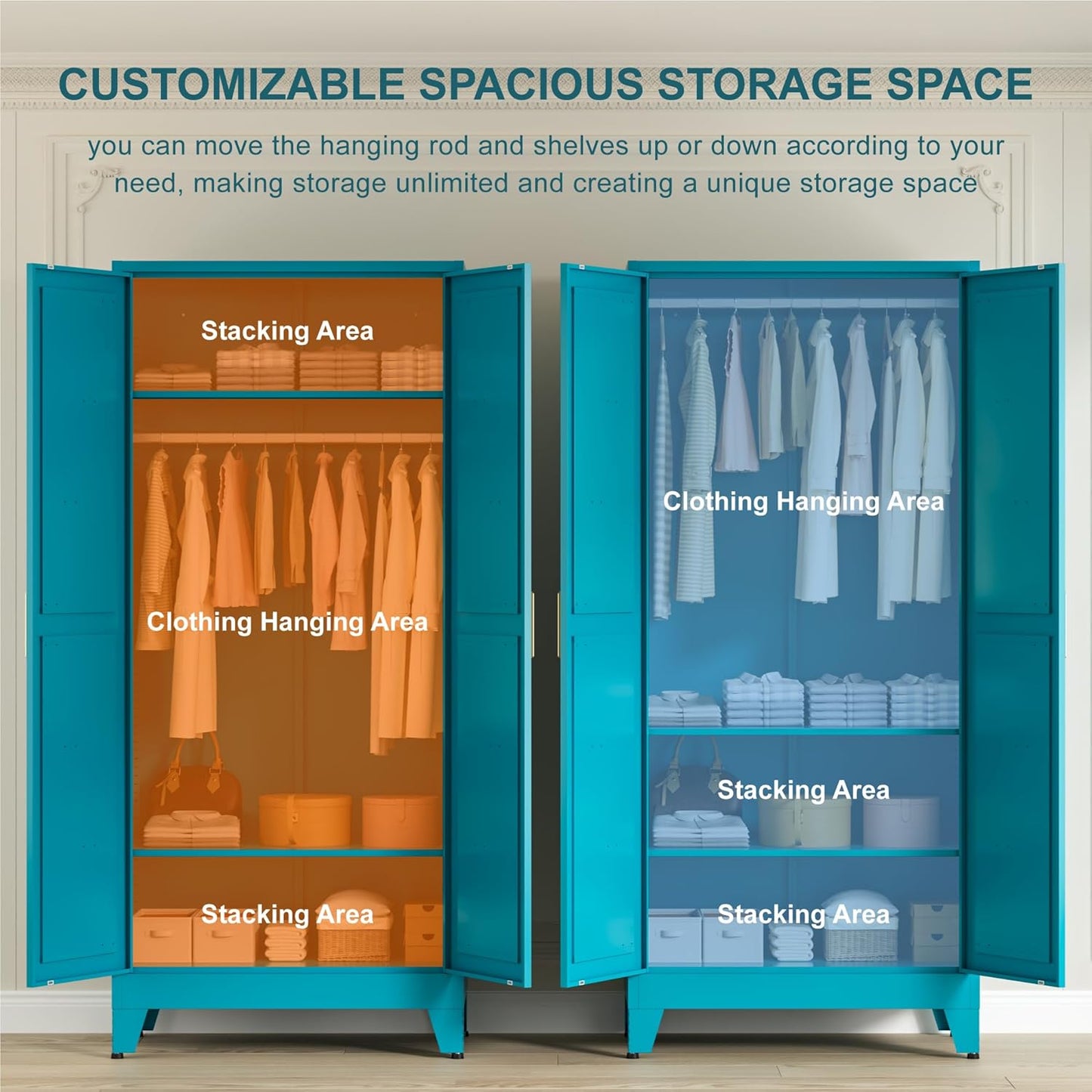 71" Tall Metal Wardrobe Closet with Adjustable Shelves and Hanging Rod, 2 Doors Free Standing Armoire Wardrobe Cabinet for Bedroom, Office, Laundry Room, Blue
