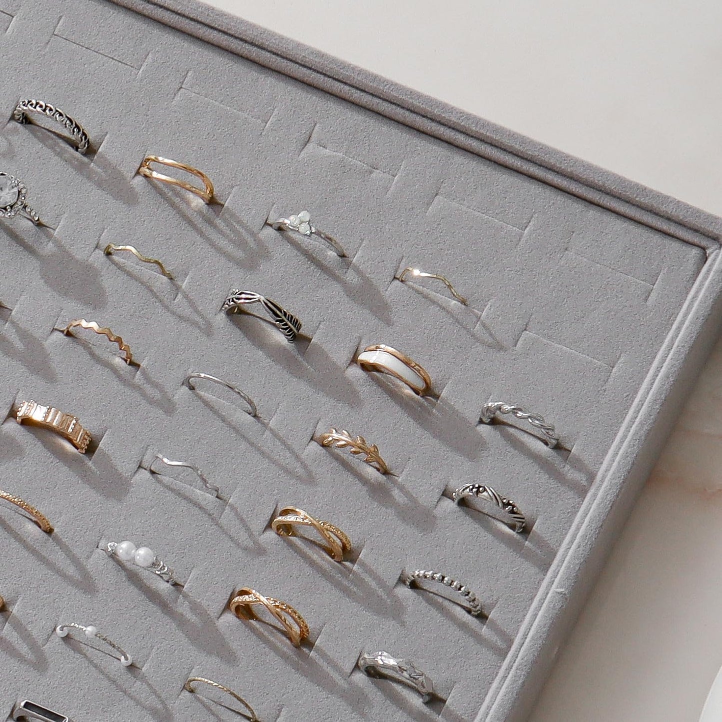 Large Jewelry Organizer for Drawer Insert Velvet Stackable Jewelry Trays for Earring Necklace Bracelet Ring Display (Gray, Ring 100 Slots)