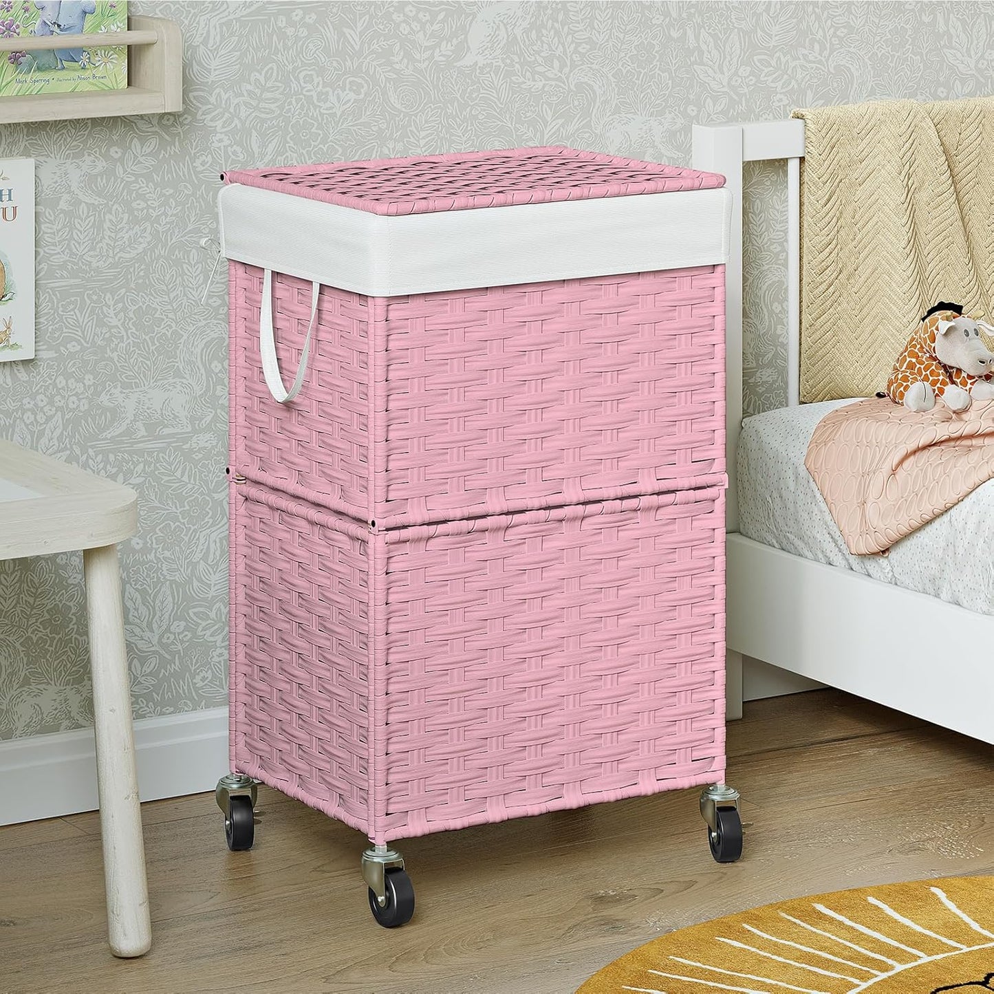 Chrislley 90L Slim Laundry Hamper with Wheels, Rolling Laundry Basket with Lid and Renovable Liner Bag, Handwoven Rattan Organizer for bedroom, bathroom, laundry room (Pink)