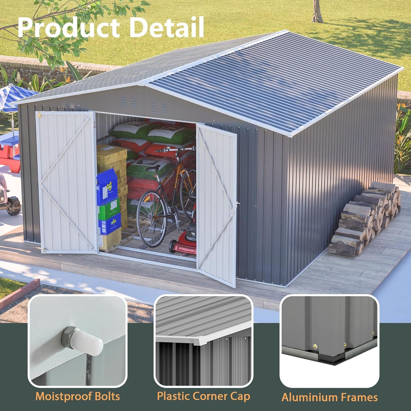 11x13 FT Outdoor Metal Storage Shed with Floor Frame, 140.5 sq.ft Heavy-Duty Garden Tool Shed with Double Doors, Waterproof Roof, All-Weather Steel Utility Shed for Backyard, Lawn, Patio