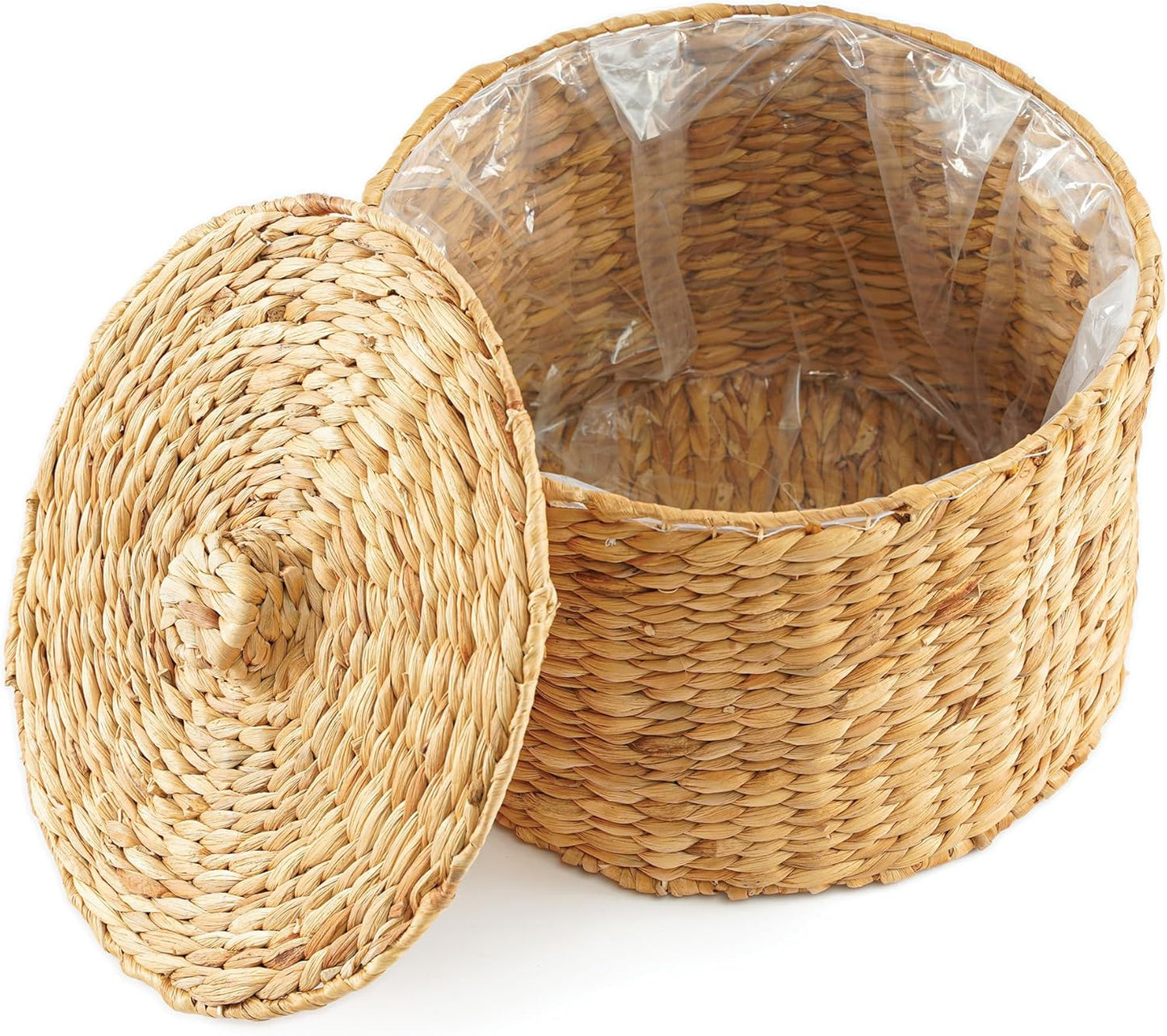 Greenatural Wicker Trash Can, 14x14x11 in Handwoven Water Hyacinth Waste Basket with Lid, Wicker Storage Bin with Natural Finish, Rustic Garbage Can for Laundry Room, Bathroom, Bedroom, Office