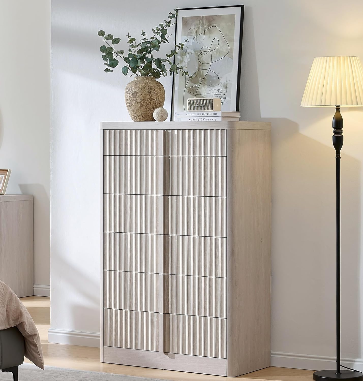 Fluted Dresser for Bedroom, Chest of Drawers, 48" Tall 6 Drawer Dresser, Curved Profile Design, Modern Wooden Chest of Drawers with Solid Wood Handle for Living Room, Bedroom, Hallway