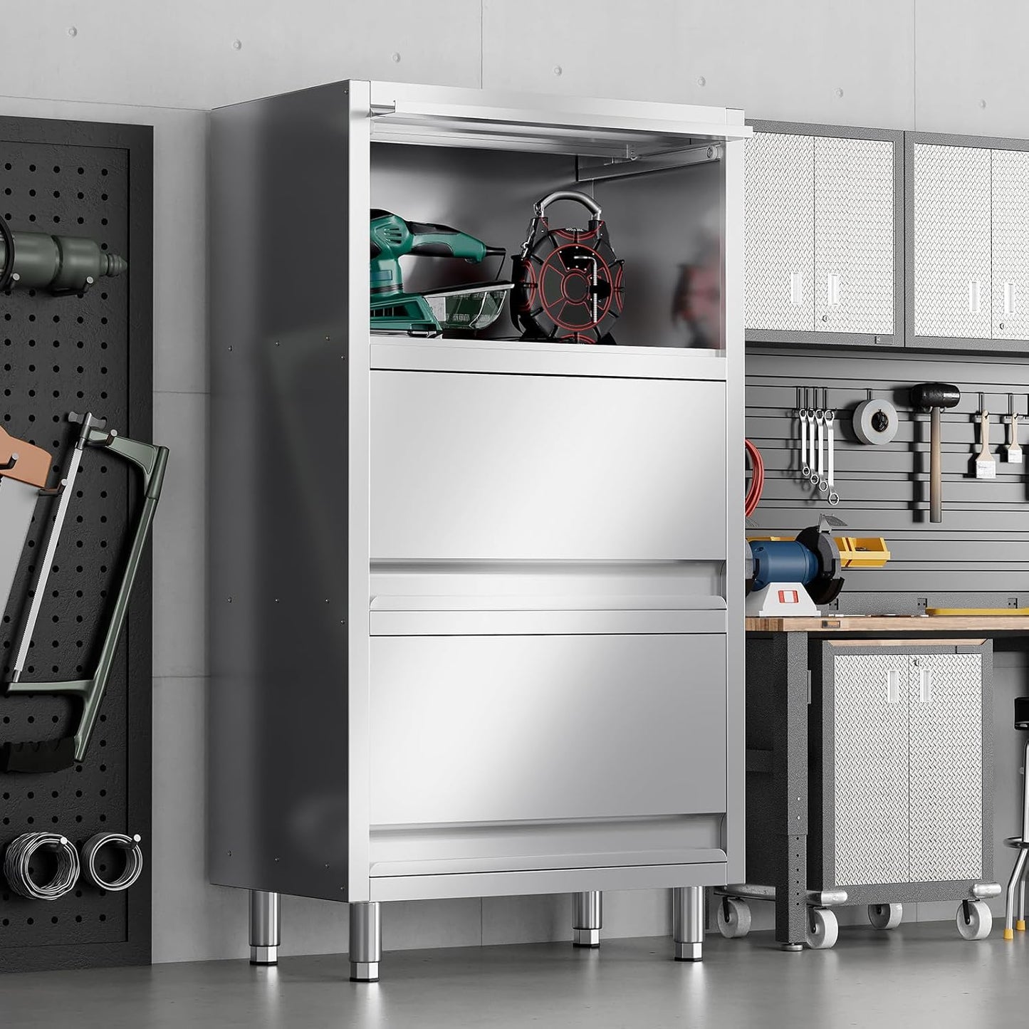 3-Tier Stainless Steel Storage Cabinet, Freestanding Commercial Kitchen Cabinet with Flip-up Doors, Heavy Duty Garage Storage Rack for Warehouse Shop, 19.69" D x 31.5" W x 59.06" H
