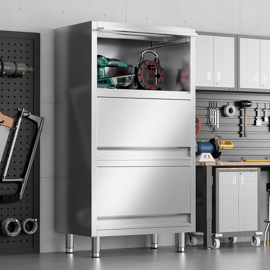 3-Tier Stainless Steel Storage Cabinet, Freestanding Commercial Kitchen Cabinet with Flip-up Doors, Heavy Duty Garage Storage Rack for Warehouse Shop, 19.69" D x 31.5" W x 59.06" H