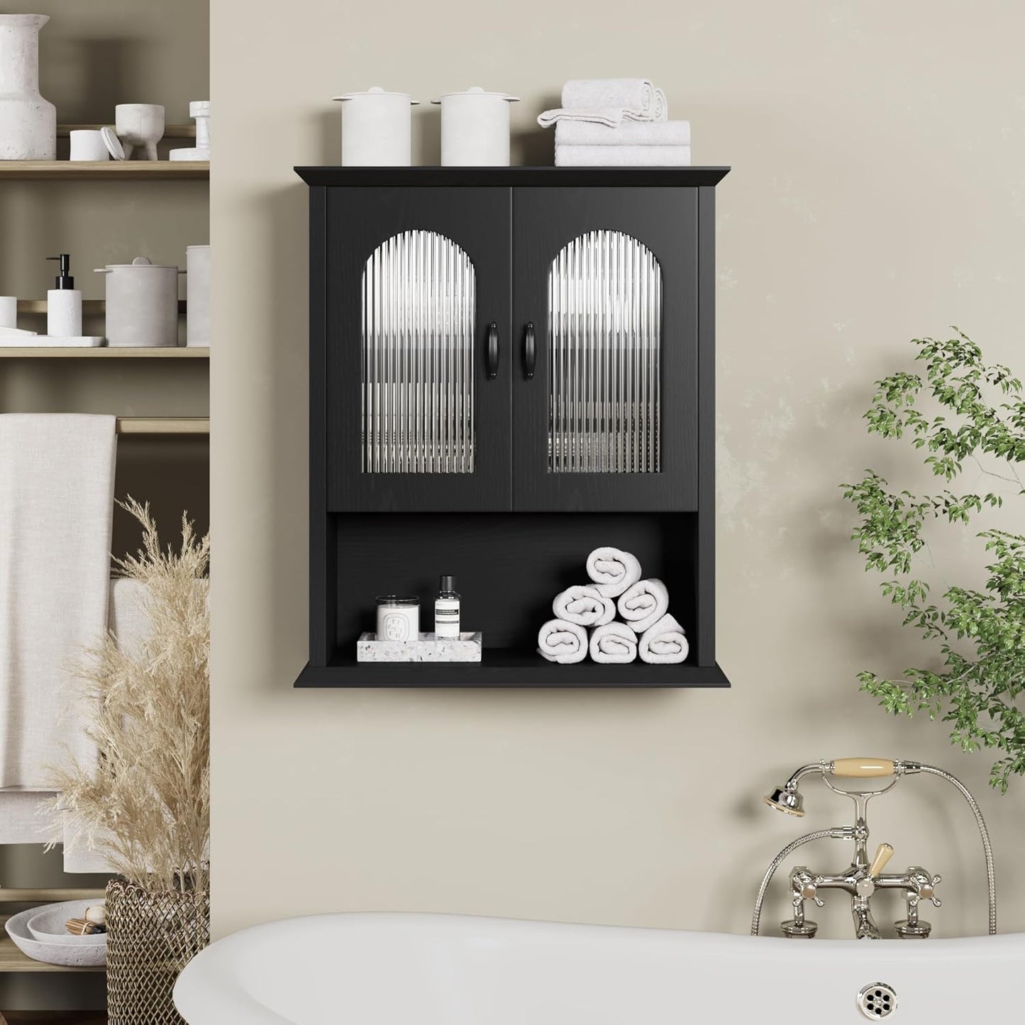 CJL Bathroom Wall Cabinet with Fluted Door, 18.9'' x 23.6'' Medicine Cabinet, Over The Toilet Storage Cabinet, Black