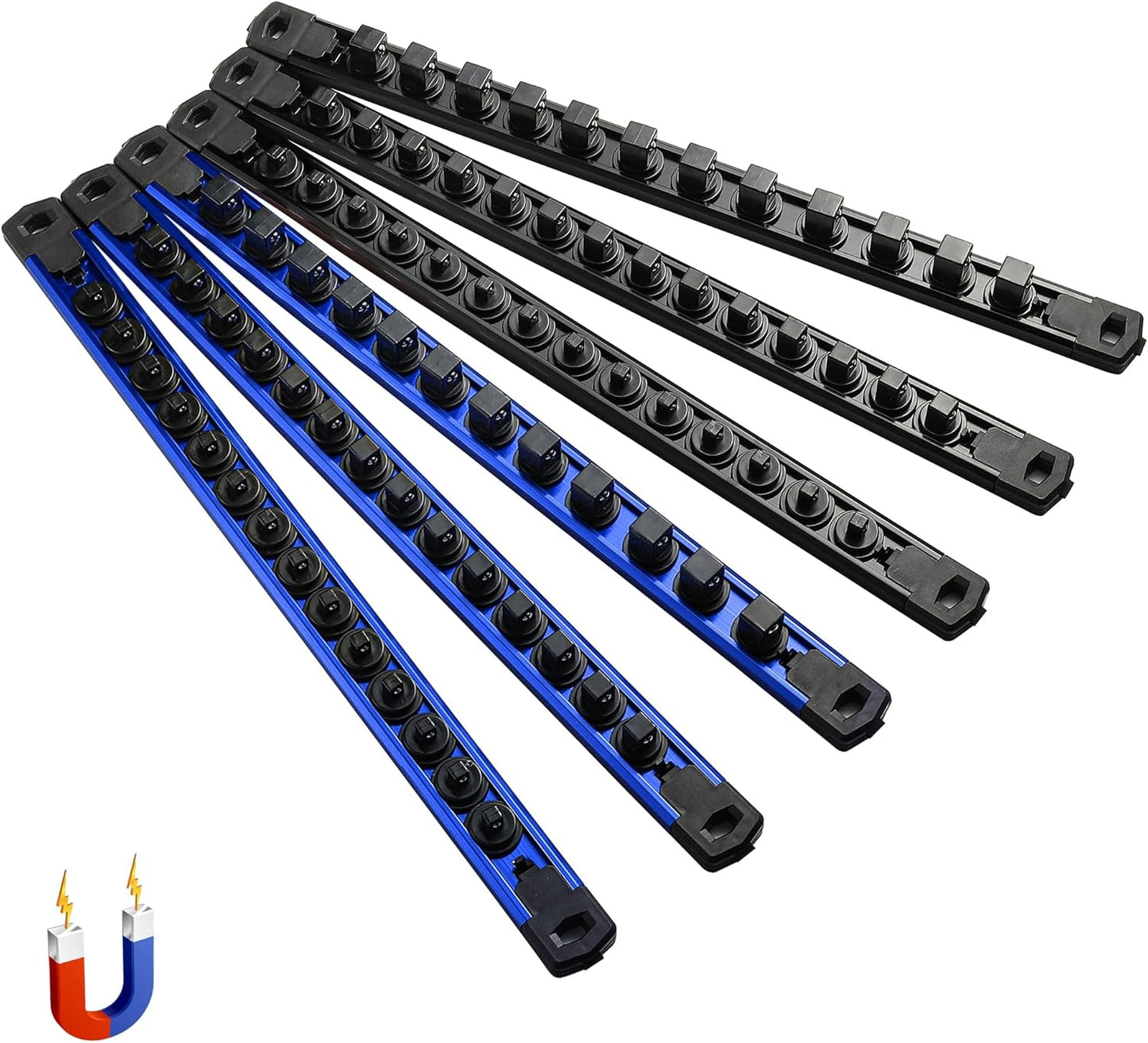 ALOANES 6-Piece Magnetic Socket Organizer, Heavy Duty Aluminum Socket Rails Organizer, 360° Swivel Clips Socket Holder Kit for Tool Box, 1/2, 3/8, 1/4-Inch Socket Holder x 80 Clips (Black&Blue)