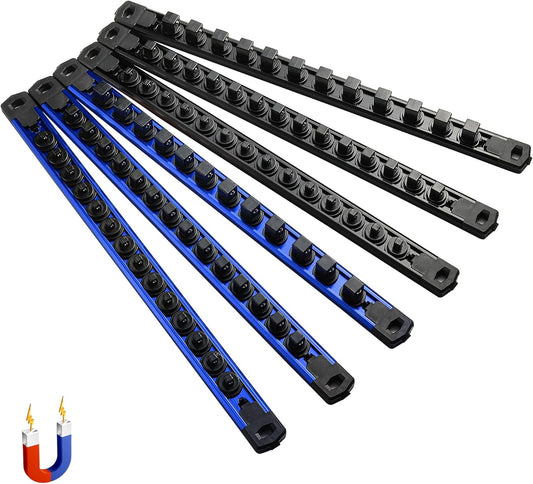 ALOANES 6-Piece Magnetic Socket Organizer, Heavy Duty Aluminum Socket Rails Organizer, 360° Swivel Clips Socket Holder Kit for Tool Box, 1/2, 3/8, 1/4-Inch Socket Holder x 80 Clips (Black&Blue)