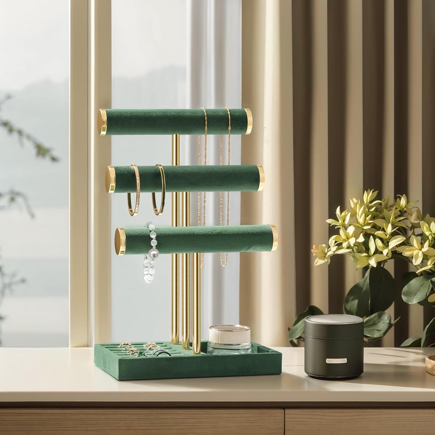 3 Tier Bracelet Holder Display - Detachable T Bar Dark Green Velvet Bracelet Holder, Jewelry Holder Organizer for Bracelet, Necklace, Watches, Rings