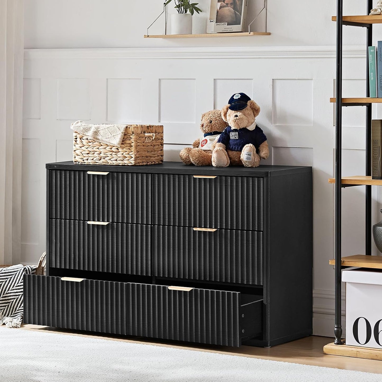 LEYAOYAO Fluted 6 Drawers Dresser Set of 2, 48" Wide Modern Chest of Drawers with Woodgrain Top, Curved Profile Design, Dresser TV Stand, Wooden Drawer Organizer for Bedroom, Living Room,Black