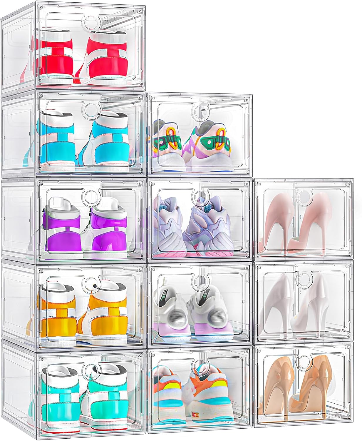 12 Pack Upgrade Harder Shoe Organizer, Shoe Storage with Magnetic Front Door, Clear Shoe Boxes Foldable Space-Saving Shoe Rack for Sneaker Boot Container, White