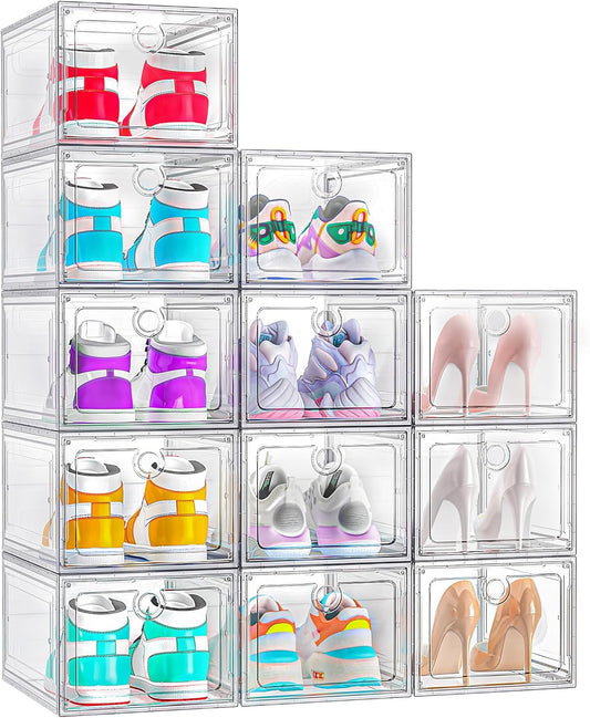 12 Pack Upgrade Harder Shoe Organizer, Shoe Storage with Magnetic Front Door, Clear Shoe Boxes Foldable Space-Saving Shoe Rack for Sneaker Boot Container, White