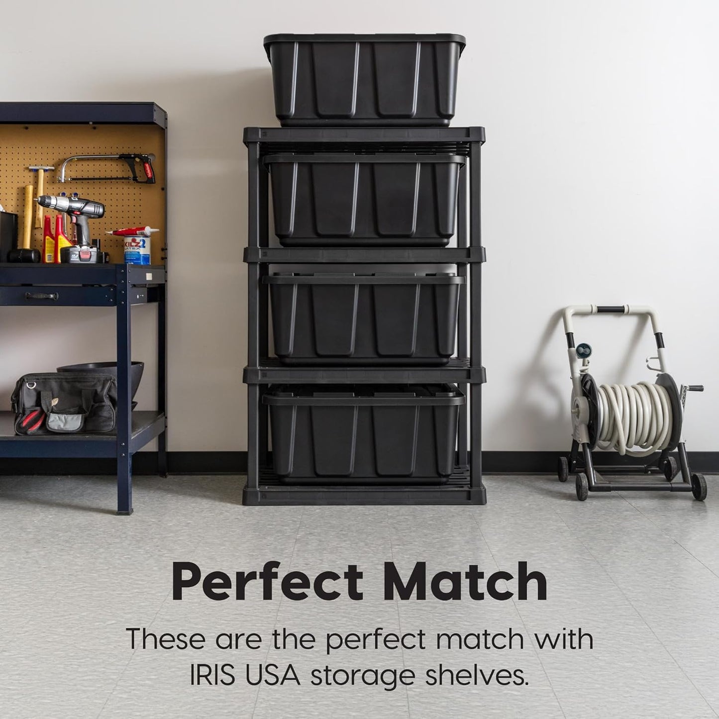 IRIS USA 27 Gallon Heavy Duty Truck Bed Toolbox Storage Tote Bins with Lids, 4 Pack - Made in USA, Tough Snap On Lockable Lid Stackable Industrial Tubs, Garage Organization Reusable Box - Black