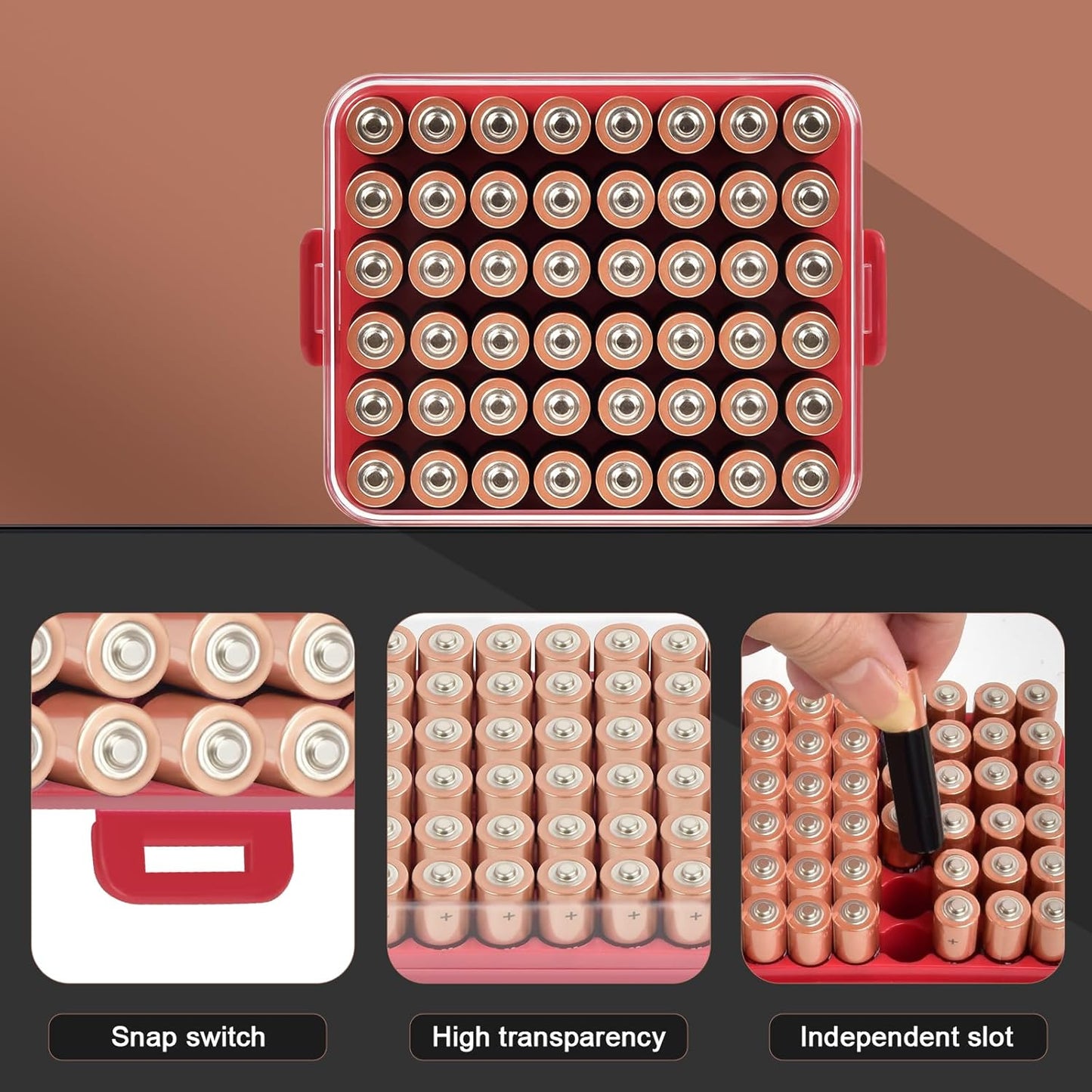 ALCYON Battery Organizer Storage Case, Battery Vault Box Container for 48pcs AAA Batteries, Plastic Clear Protective Battery Holder for Travelling/Home/Office (Red, Small)