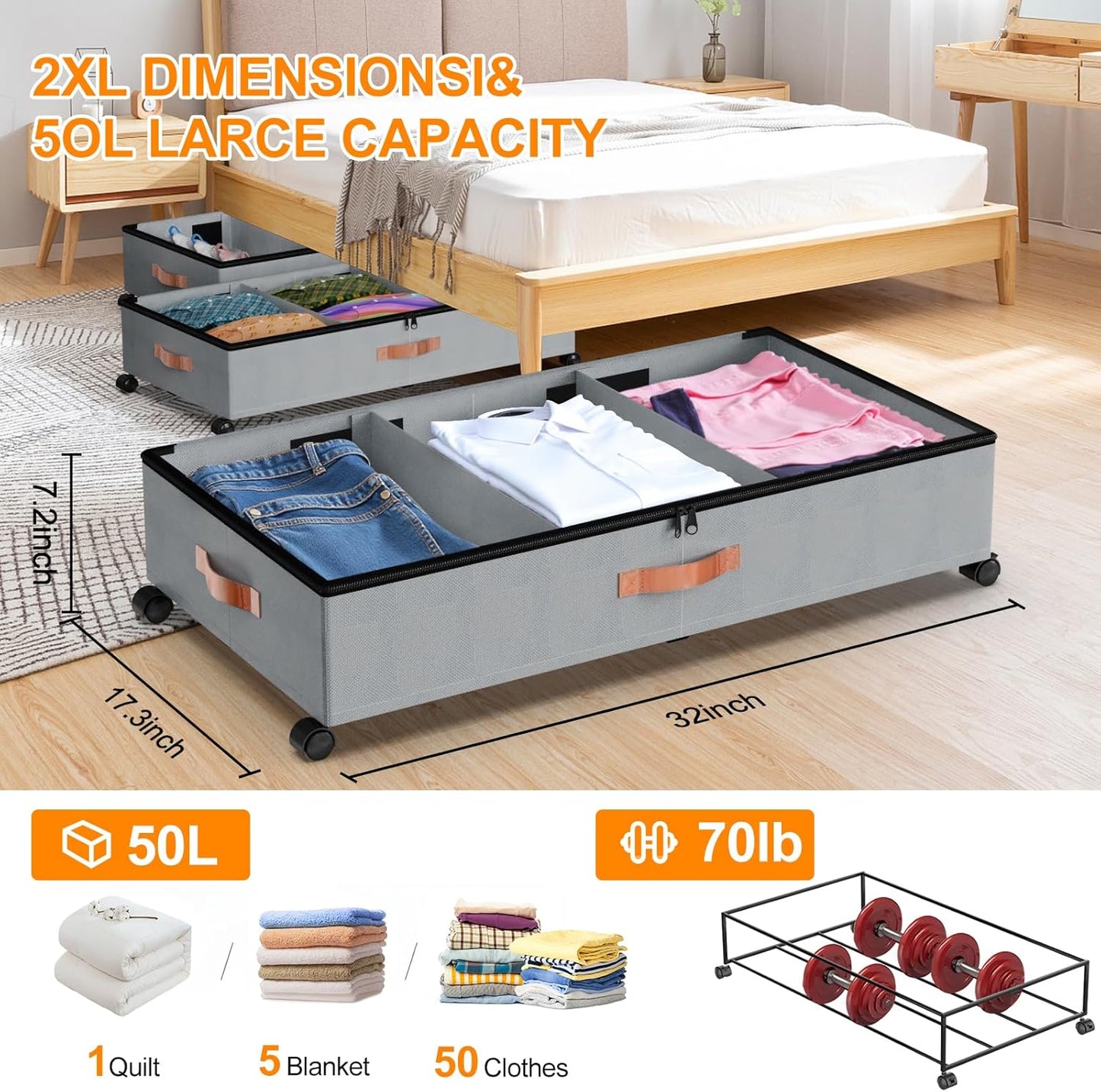 Under Bed Storage with Wheels, 2 Pack Under Bed Storage Containers with Dividers & Clear Lids, Under the bed storage Organizer Bins,Underbed Storage with Wheels for Clothes,Toys,Shoes (GREY)