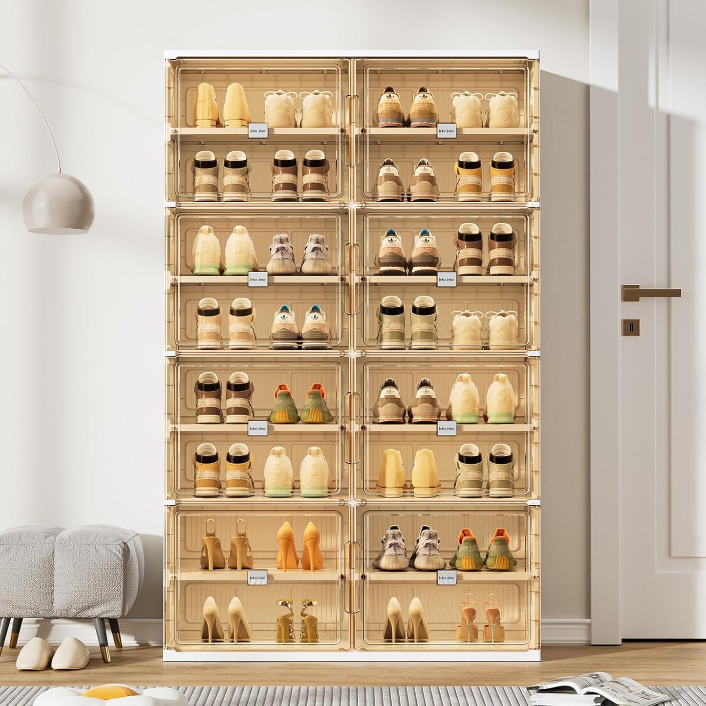 JEKO&JEKO 8 Tiers Foldable Shoe Rack Organizer Cabinet for Closet Entryway, Large Collapsible Shoe Storage Box with Magnetic Doors Fits Up to 32 Pairs (White)