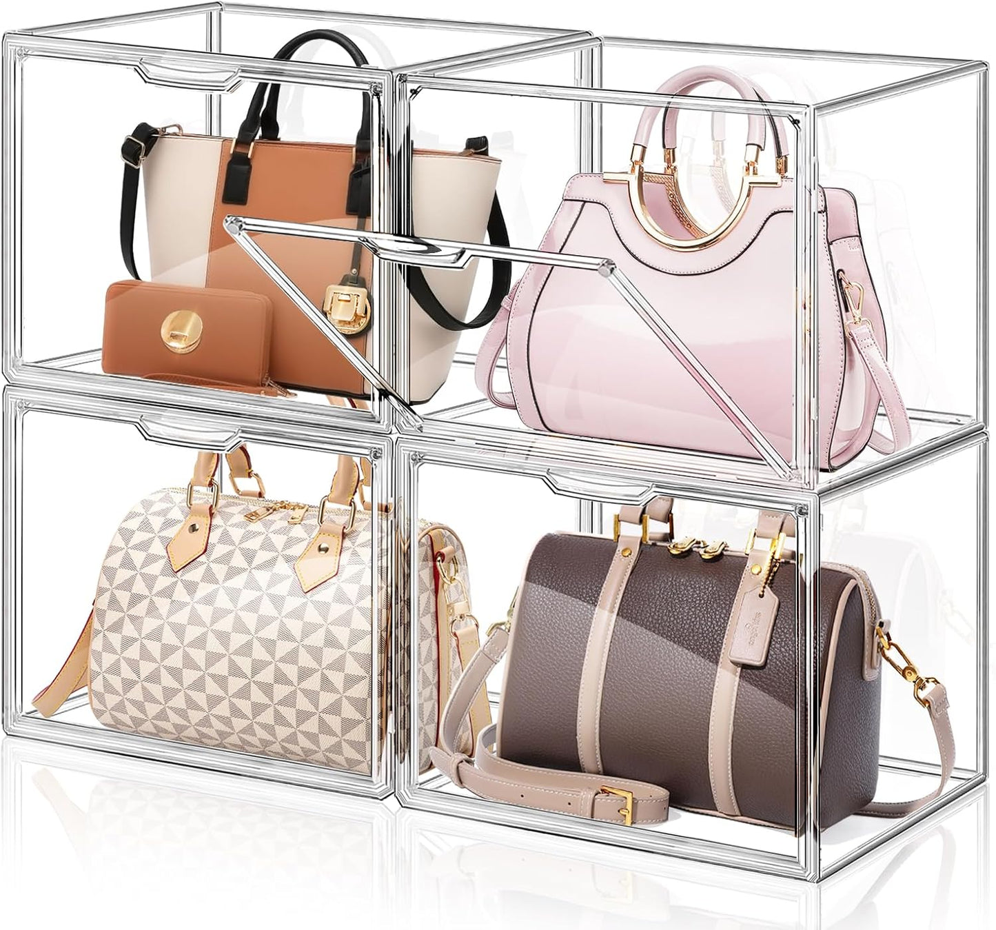4 Packs Clear Handbag Storage Organizer for Closet, Acrylic Display Case for Purse Handbag, Stackable Purse Organizer Storage Box with Magnetic Door for Wallet Book Toys Collectibles