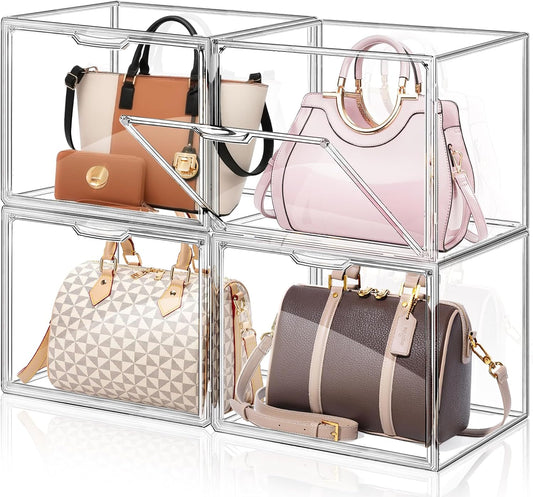 4 Packs Clear Handbag Storage Organizer for Closet, Acrylic Display Case for Purse Handbag, Stackable Purse Organizer Storage Box with Magnetic Door for Wallet Book Toys Collectibles