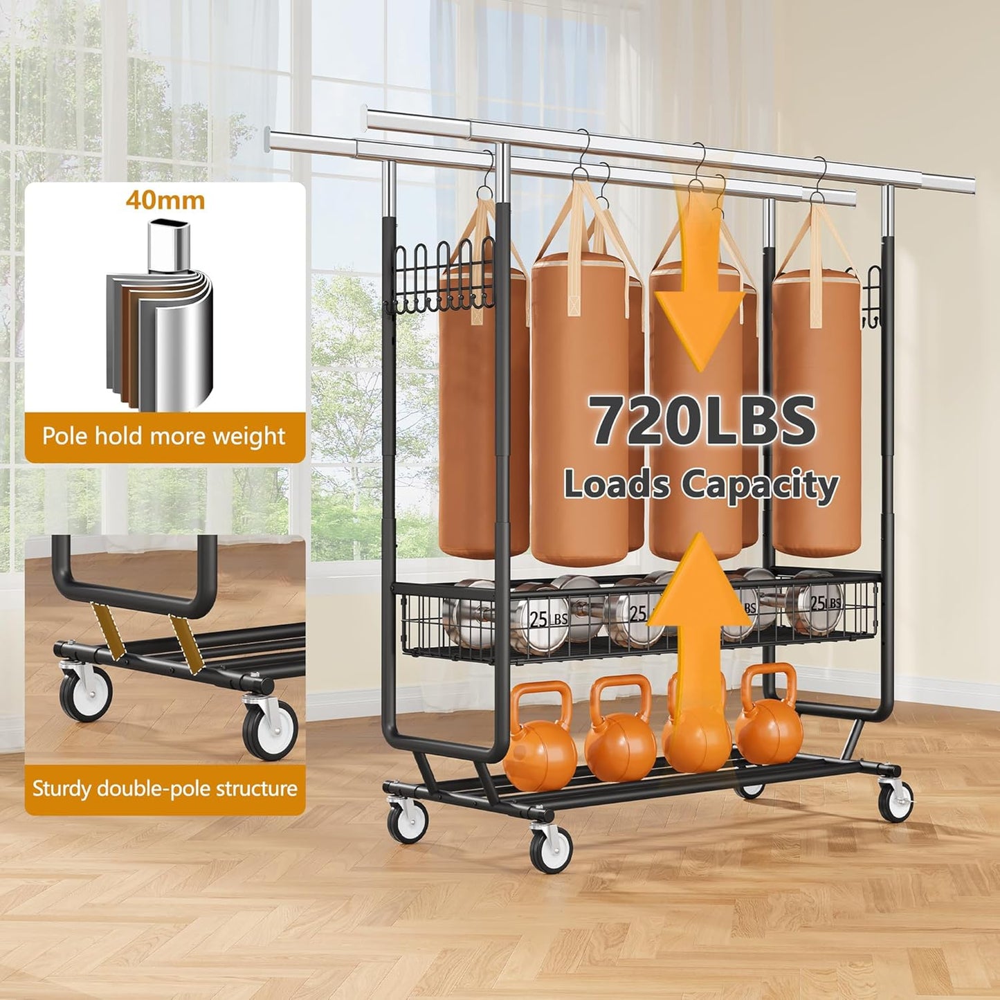 Heavy Duty Clothes Rack with Metal Basket, 720 LBS Rolling Double Rod Garment Rack, Portable Extendable Clothing Rack with Wheel for Bedroom, Laundry Room & Retail Store