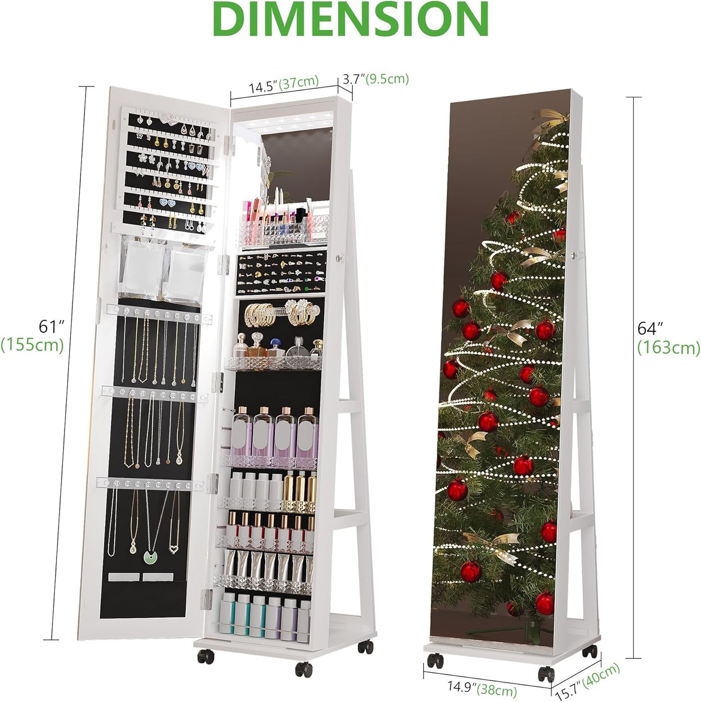 HNEBC 360° Swivel Mirrored Jewelry Armoire with 6 LEDS, Full Length Mirror with Jewelry Storage, Lockable Floor Standing Mirror with 4 Lockable Wheels for Cloakroom, Bedroom(White)