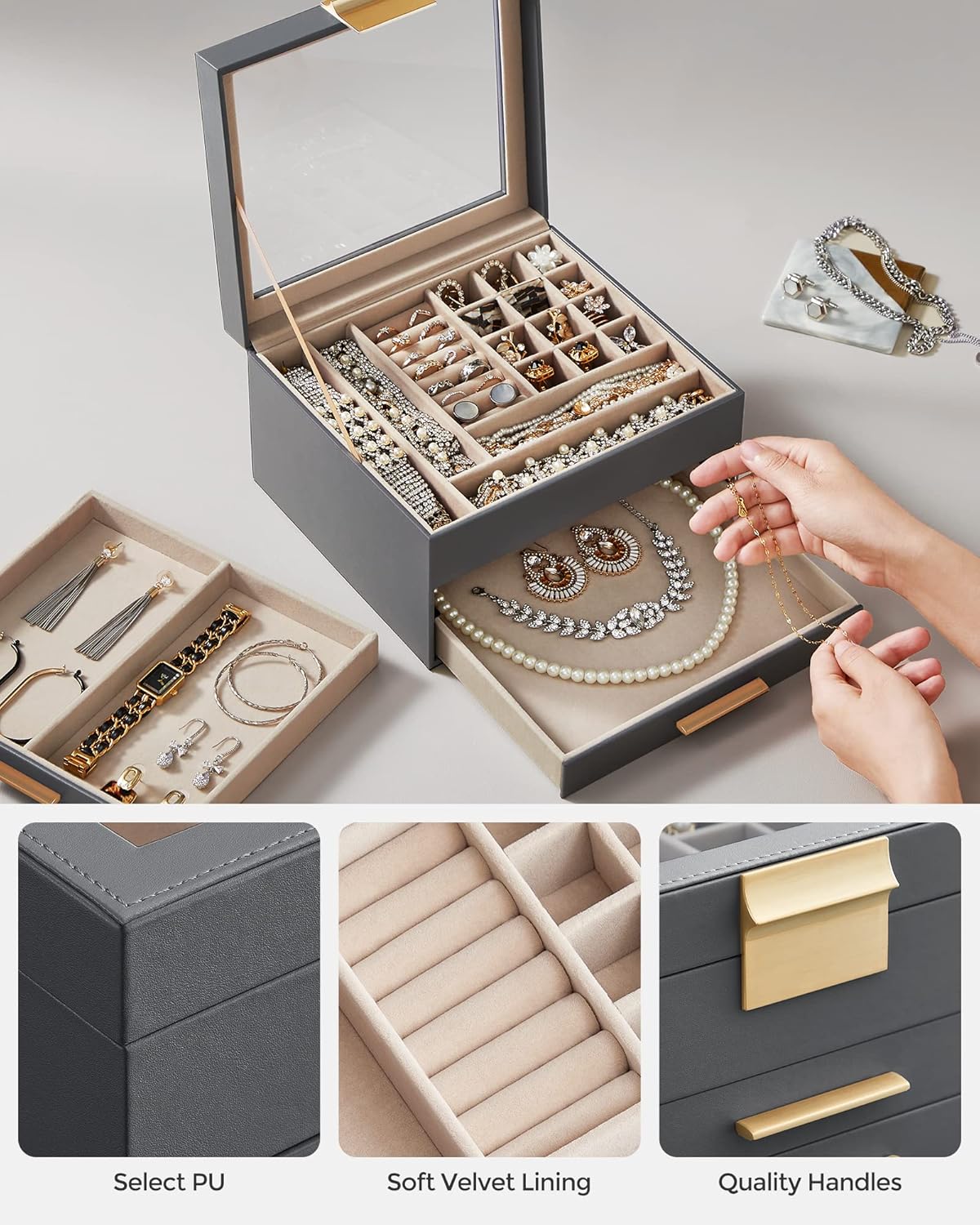 SONGMICS Jewelry Box Organizer with Glass Lid, 3-Layer Jewelry Storage, with 2 Drawers, Modern Style, Christmas Gift, 8 x 9.1 x 5.3 Inches, Interstellar Gray and Gold Color UJBC239G02