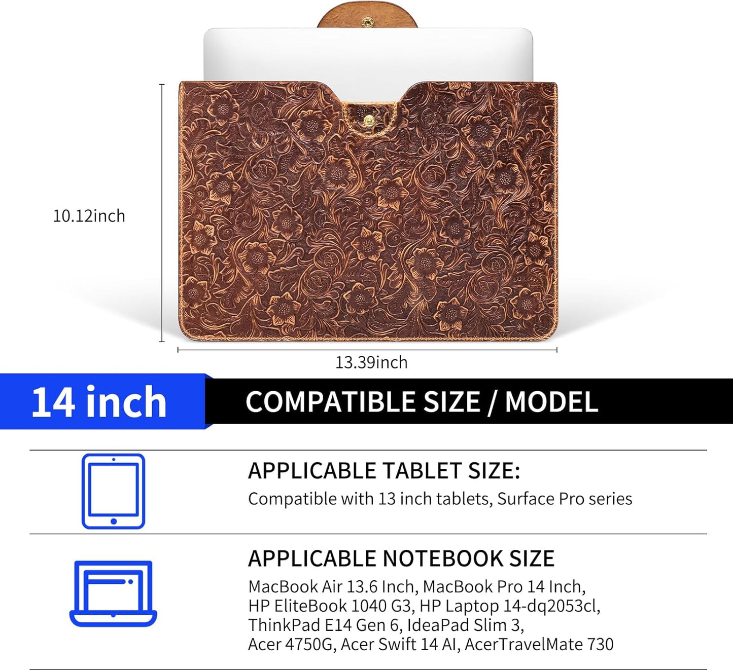 Genuine Leather Laptop Sleeve,Compatible with MacBook Pro 14 Inch M4 M3 M2 M1 Pro/Max Cover,Vintage Protective Computer Case with Floral Pattern,Brown