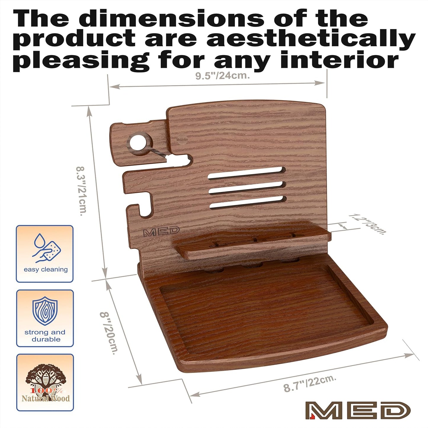 MED Wood Phone Docking Station – Nightstand Desk Organizer for Phone, Watch, Wallet & Tablet – Gift for Men, Husband, Dad & Women – Wooden Charging Stand (Black, Model 1)