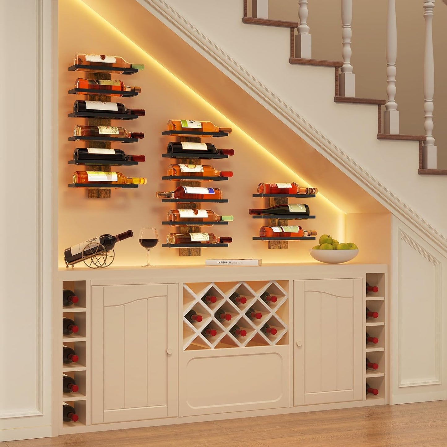 Hoctieon 3-Set 6 Tier Wall Mount Wine Rack, Wall Mounted Wine Bottle Racks for Display and Storage, Hanging Bottle Holder, for Living Room, Dining Room, Bar, Wine Cellar, Rustic Brown