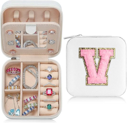 Parima Travel Jewelry Case - Small Jewelry Organizer Box, Mini Travel Case - Letter V, White