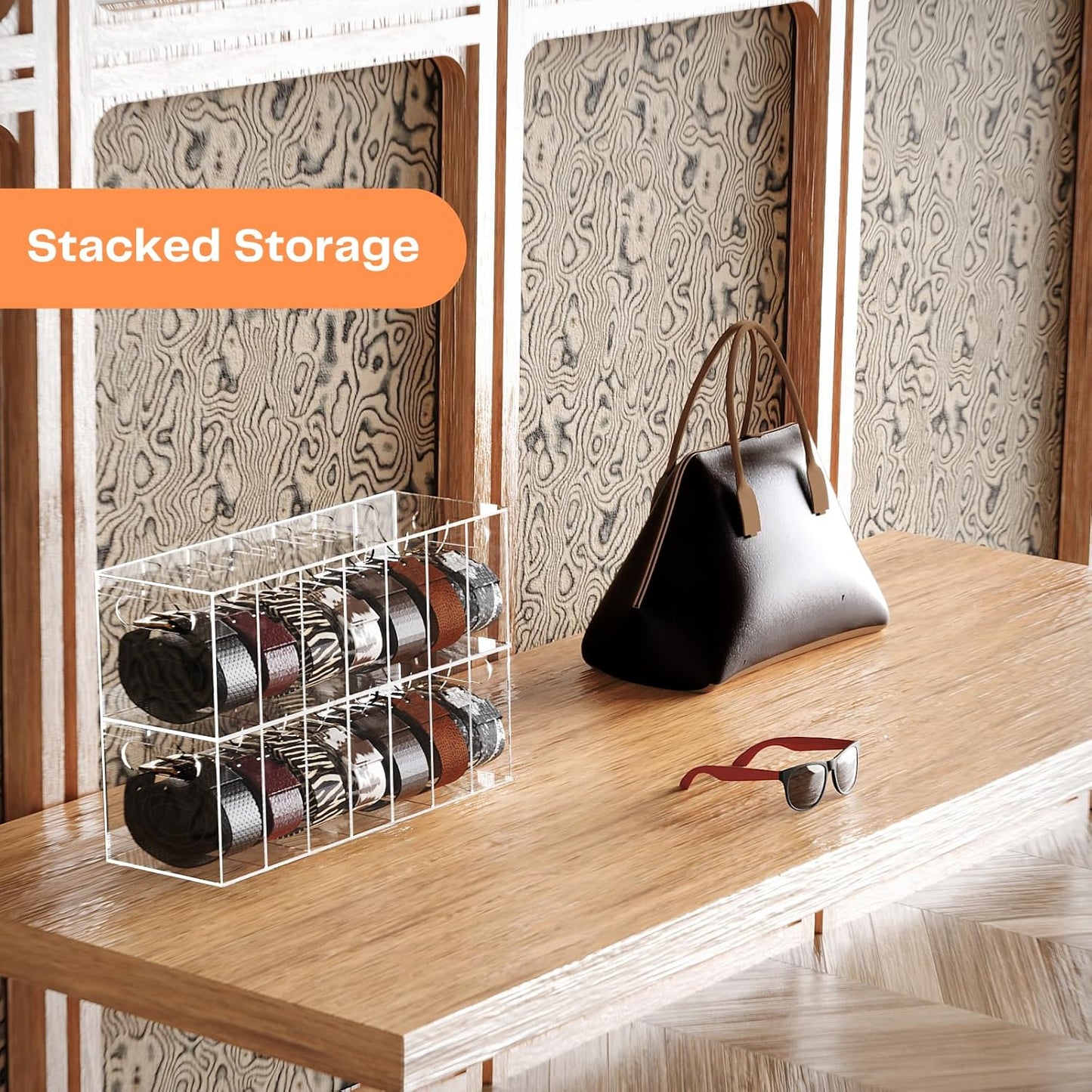 Belt Organizer - Acrylic Belt Storage Holder for Closet with Dust Cover Lid - 7 Compartments Clear Display Case for Tie and Bow Tie