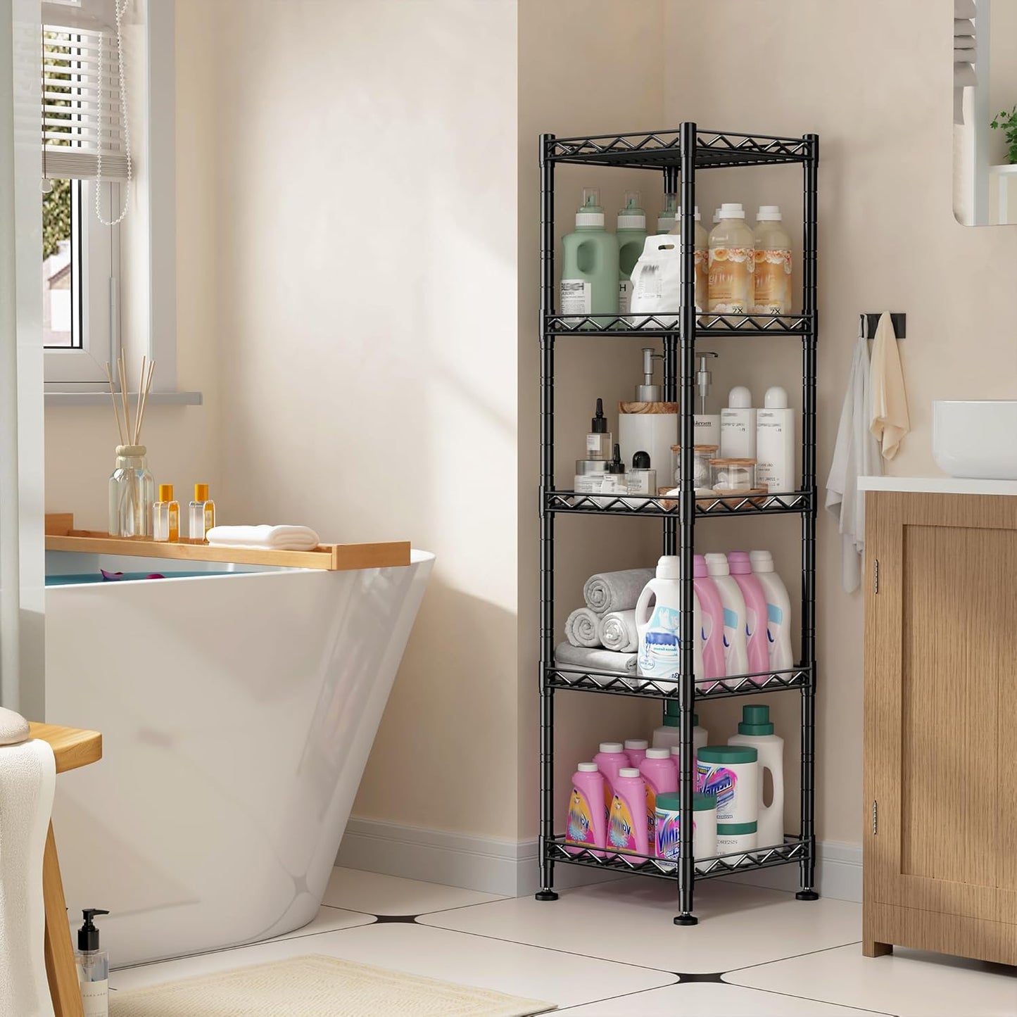 5 Tier Metal Shelving Unit Wire Shelves Storage Rack:Adjustable Storage Shelves Standing Bathroom Shelf and Narrow Shelf for Laundry Dorm Kitchen Pantry Closet Office 12''Wx12''Dx49''H Black